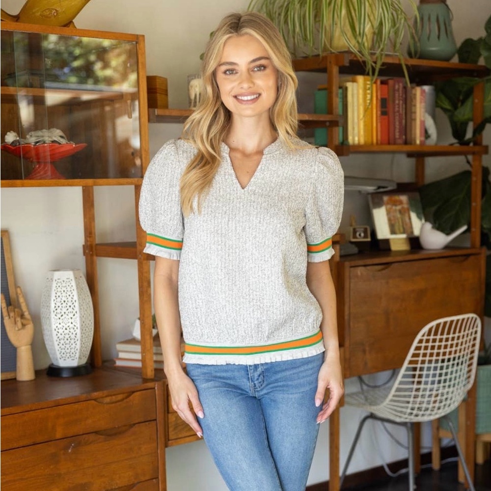 Ivory Short-Sleeve Knit Blouse with Green & Orange Trim